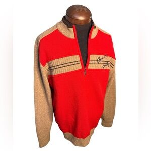 Vintage Genca Red & Tan Wool Sweater Half Zip Embroidered Men’s Size Large EUC